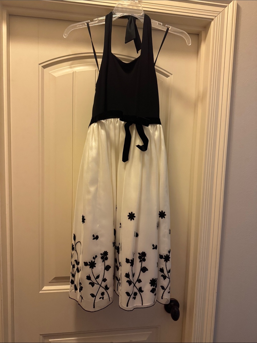 Bonnie Jean Black and White Floral Halter Gown
